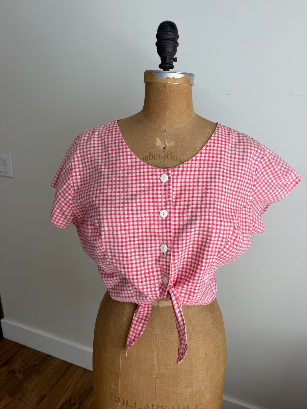 Vintage Bonjour Pink Red Gingham Tie-Front Cropped Women's Top